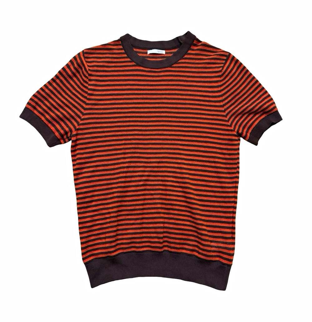 Zara Orange Brown Striped 100% Cotton Knit Crewneck Ribbed Sweater Womens M